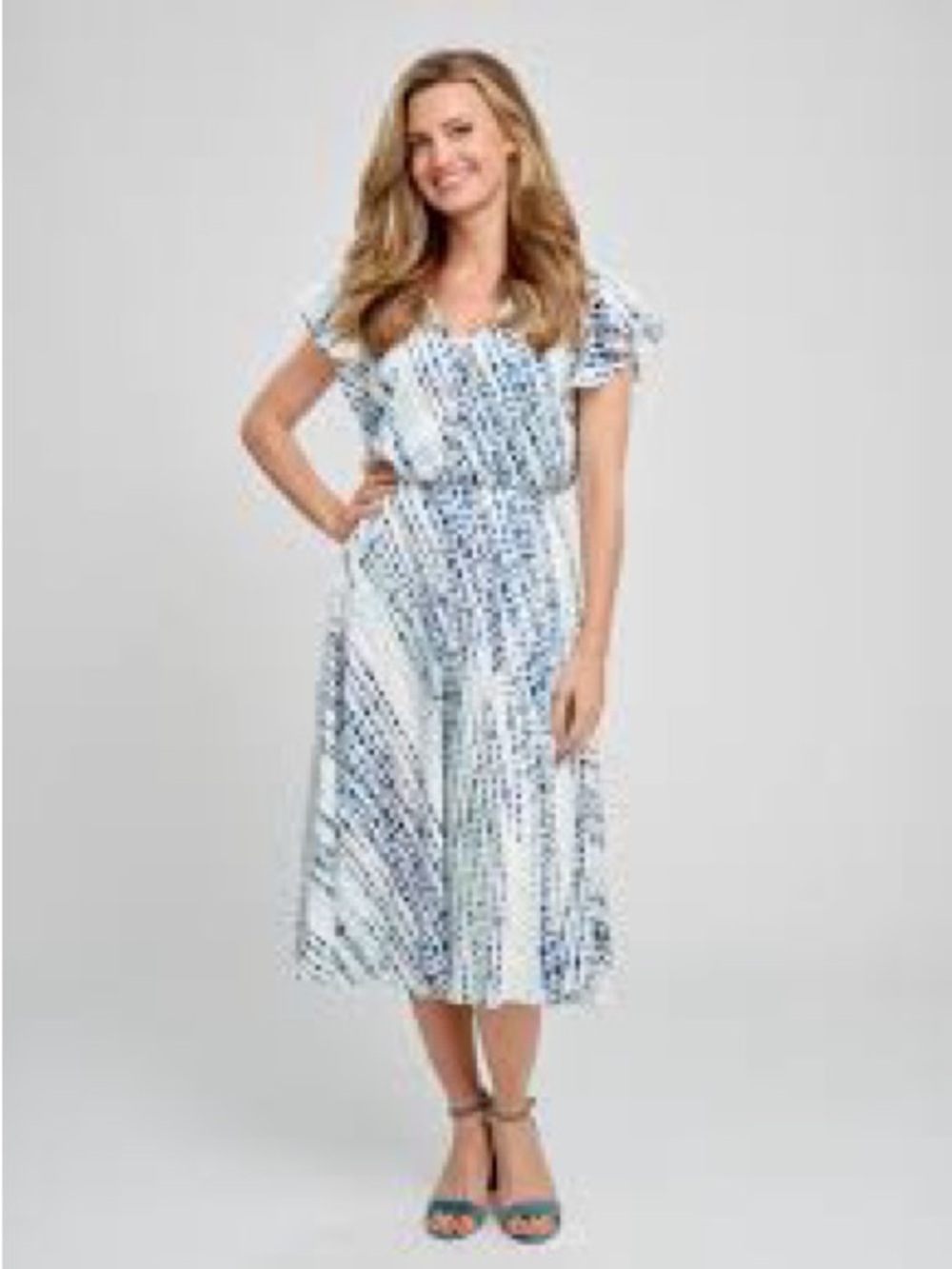 Gabby Skye Blue & White V-Neck Flutter Sleeve Midi Dress